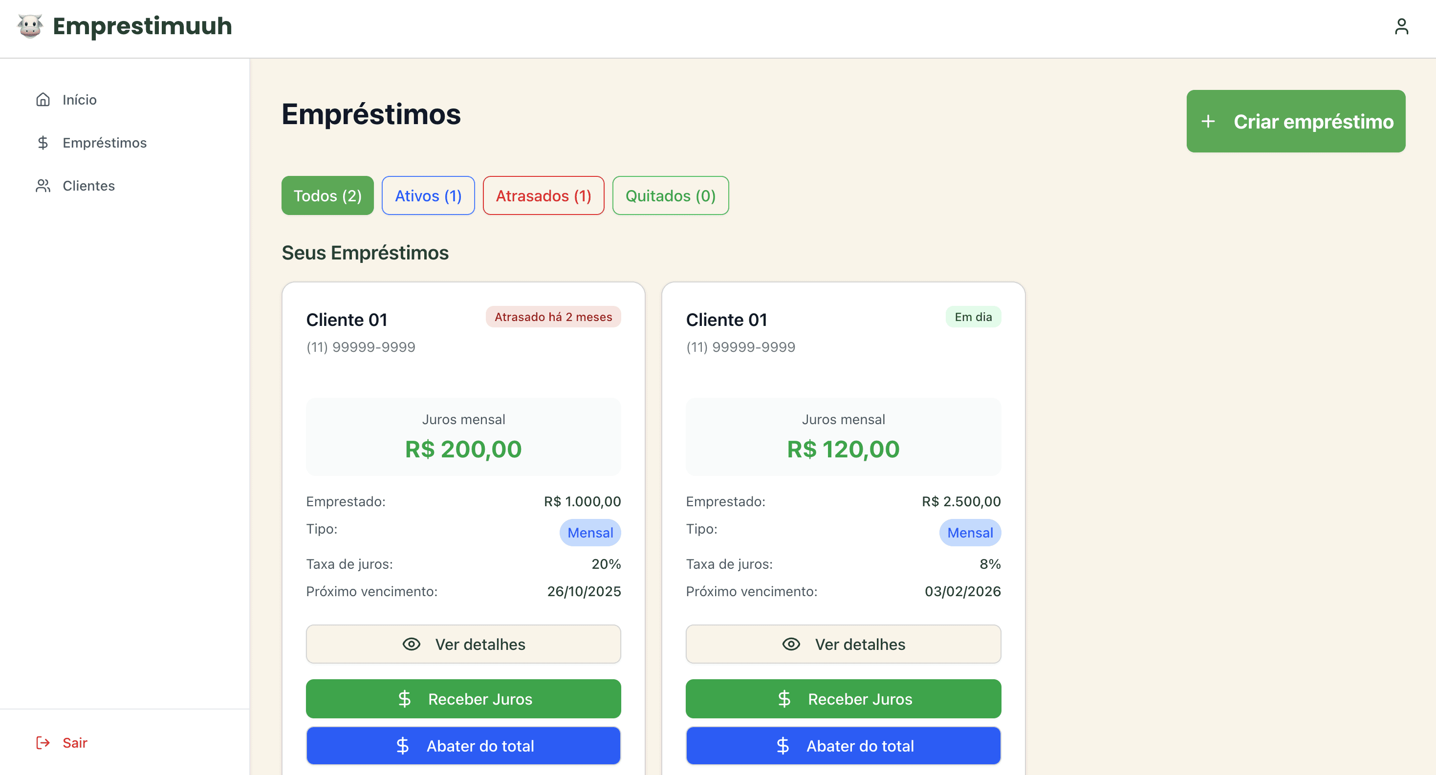 Dashboard do Emprestimuuh - Interface de gerenciamento de empréstimos